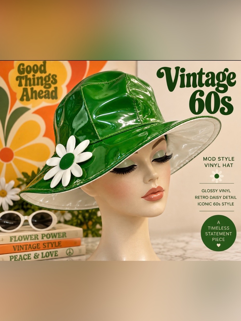 Vintage 1960ds- mod style / Green Patent Daisy Hat -flower power era
